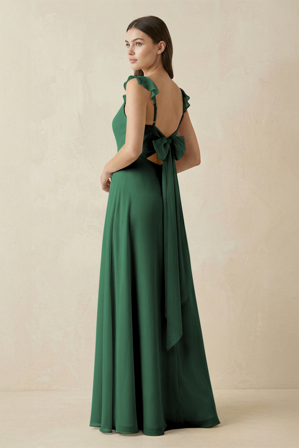 Ruffled Sleeve A-Line Chiffon Bridesmaid Dress in Dark Green
