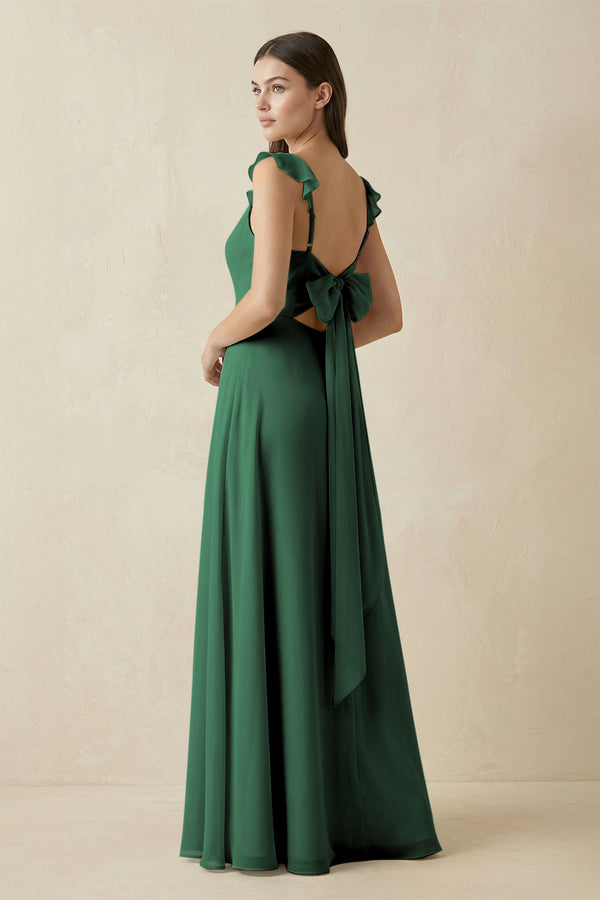 Dark Green Ruffled Sleeve A-Line Chiffon Bridesmaid Dress (2) | KISSBRIDAL