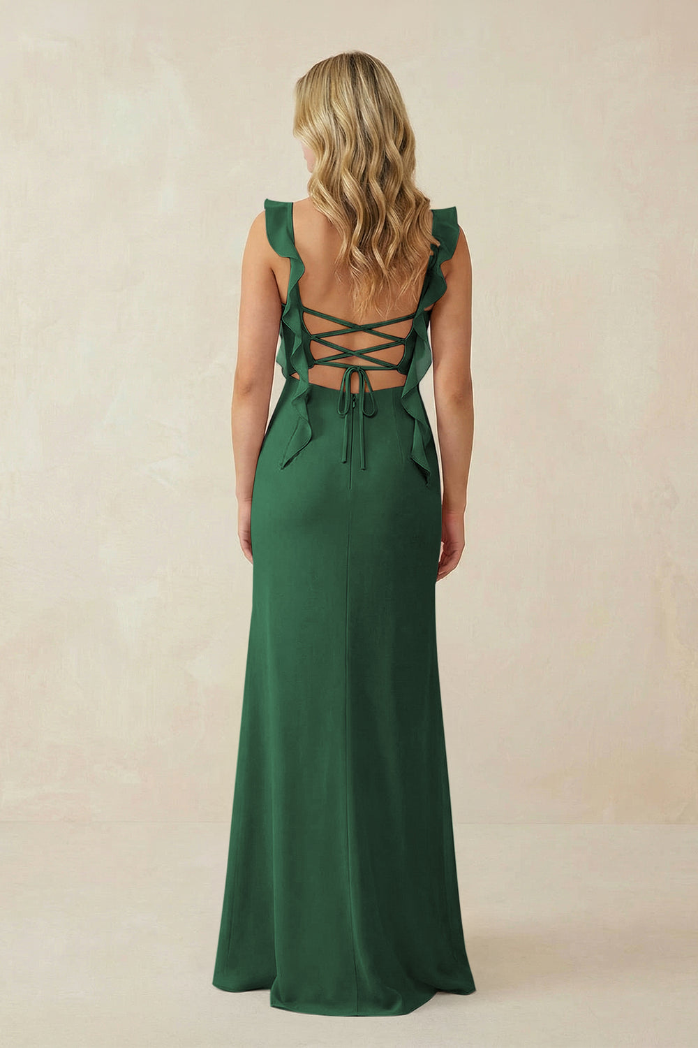 Ruffled Sleeve Ruched Sheath Chiffon Bridesmaid Dress in Dark Green