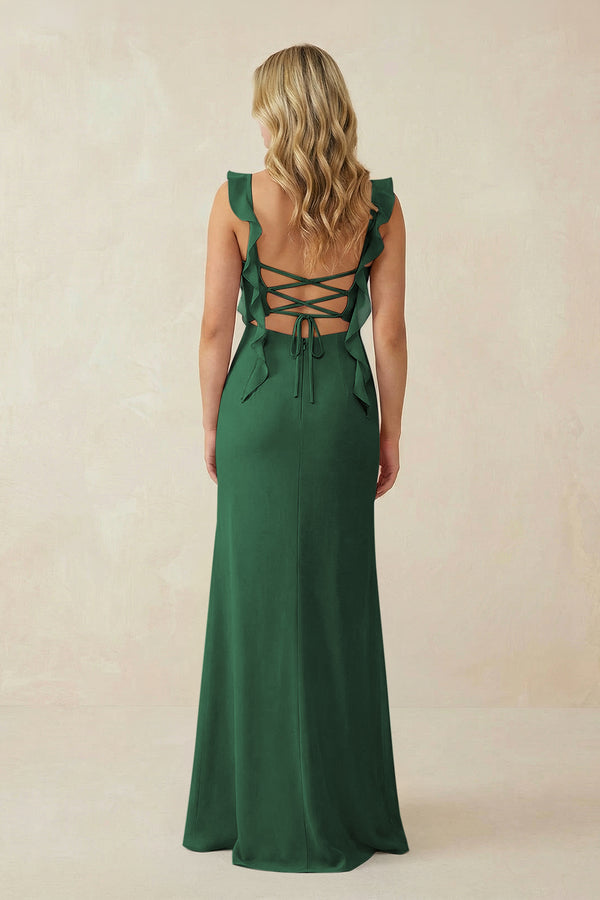 Dark Green Ruffled Sleeve Ruched Sheath Chiffon Bridesmaid Dress (2) | KISSBRIDAL