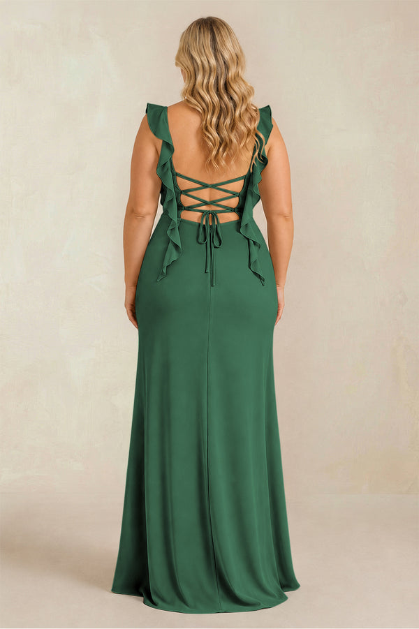 Dark Green Ruffled Sleeve Ruched Sheath Chiffon Bridesmaid Dress (2) [sizeplus] | KISSBRIDAL