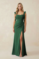 Dark Green Ruffled Sleeve Ruched Sheath Chiffon Bridesmaid Dress | KISSBRIDAL