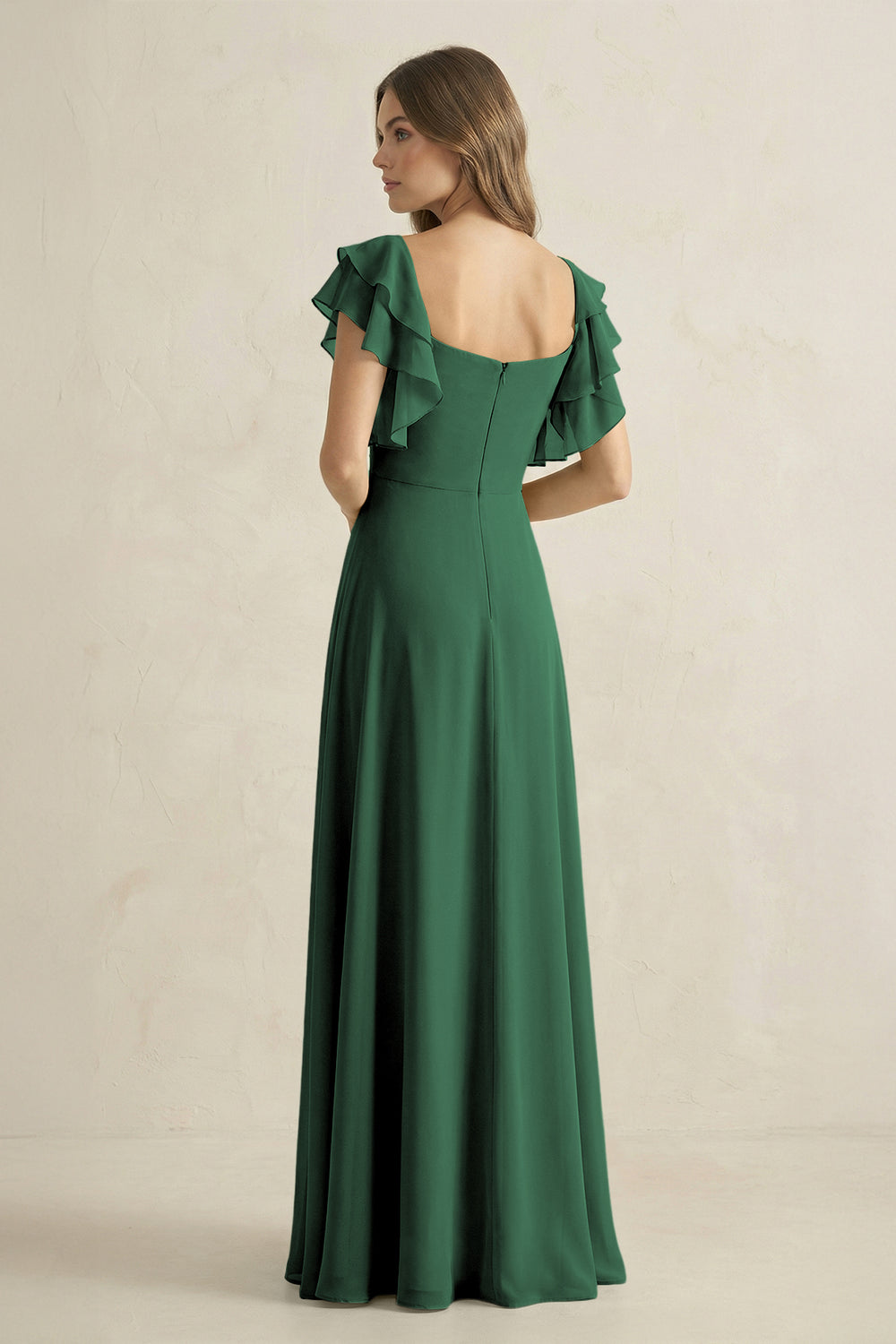 Ruffled Sleeves A-Line Chiffon Bridesmaid Dress in Dark Green