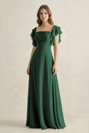 Dark Green Ruffled Sleeves A-Line Chiffon Bridesmaid Dress | KISSBRIDAL