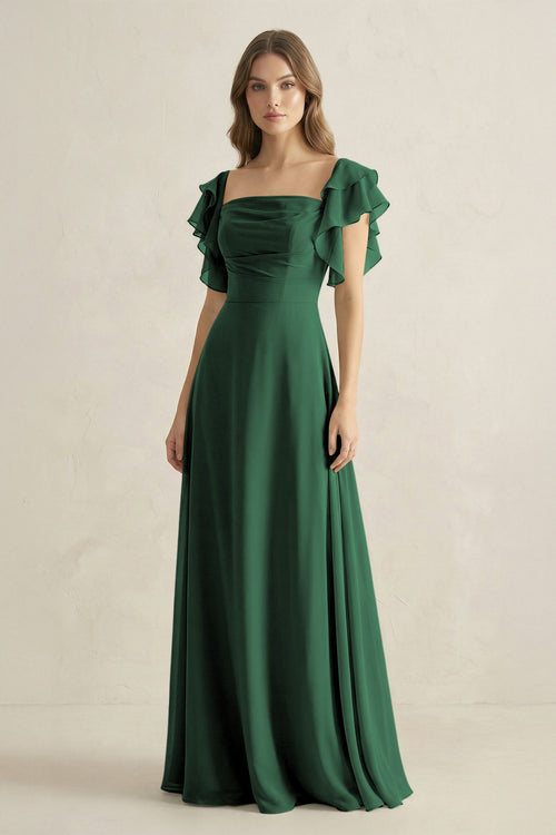 Dark Green Ruffled Sleeves A-Line Chiffon Bridesmaid Dress | KISSBRIDAL