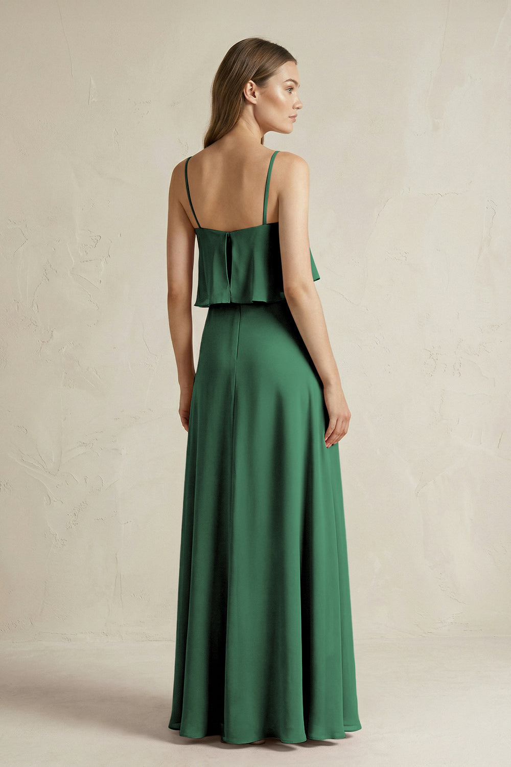 Ruffled Spaghetti Strap A-Line Chiffon Bridesmaid Dress in Dark Green