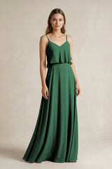 Dark Green Ruffled Spaghetti Strap A-Line Chiffon Bridesmaid Dress in Dark Green | KISSBRIDAL