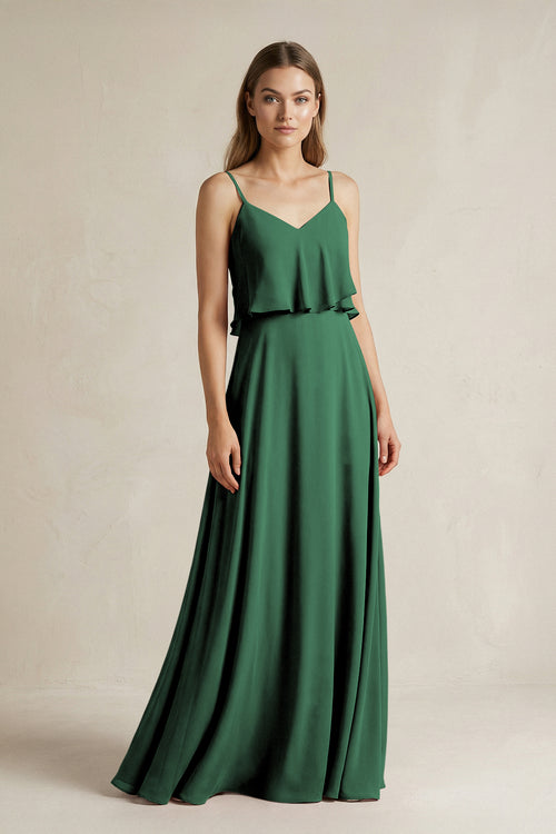 Dark Green Ruffled Spaghetti Strap A-Line Chiffon Bridesmaid Dress in Dark Green | KISSBRIDAL