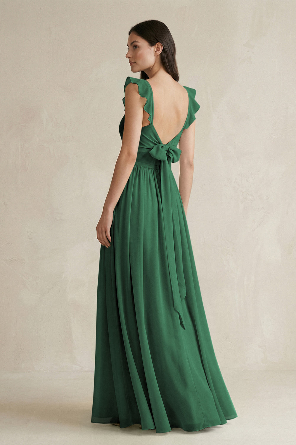 Ruffled Spaghetti Strap Chiffon A-Line Bridesmaid Dress in Dark Green