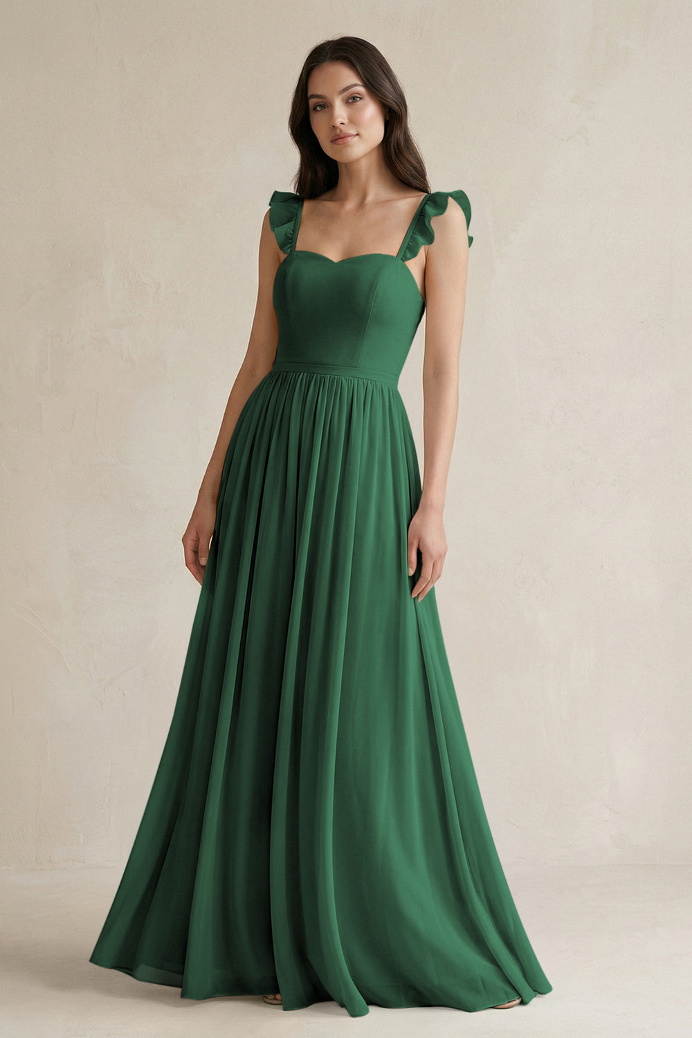 Ruffled Spaghetti Strap Chiffon A-Line Bridesmaid Dress in Dark Green