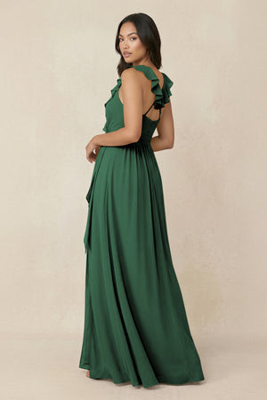 Dark Green Ruffled V-Neck A-Line Chiffon Bridesmaid Dress (2) | KISSBRIDAL