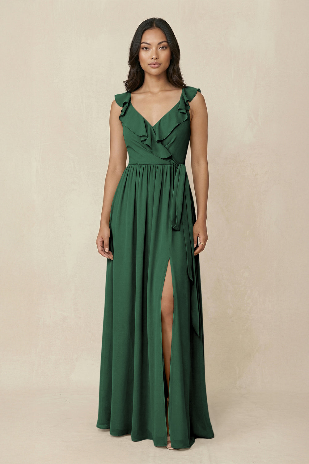 Ruffled V-Neck A-Line Chiffon Bridesmaid Dress in Dark Green