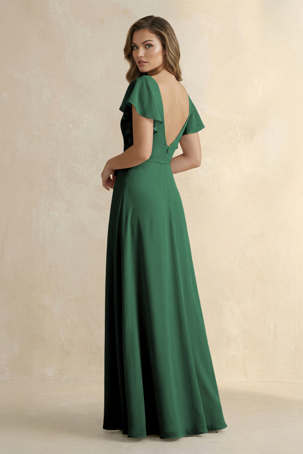 Ruffled V-Neck Chiffon A-Line Bridesmaid Dress in Dark Green