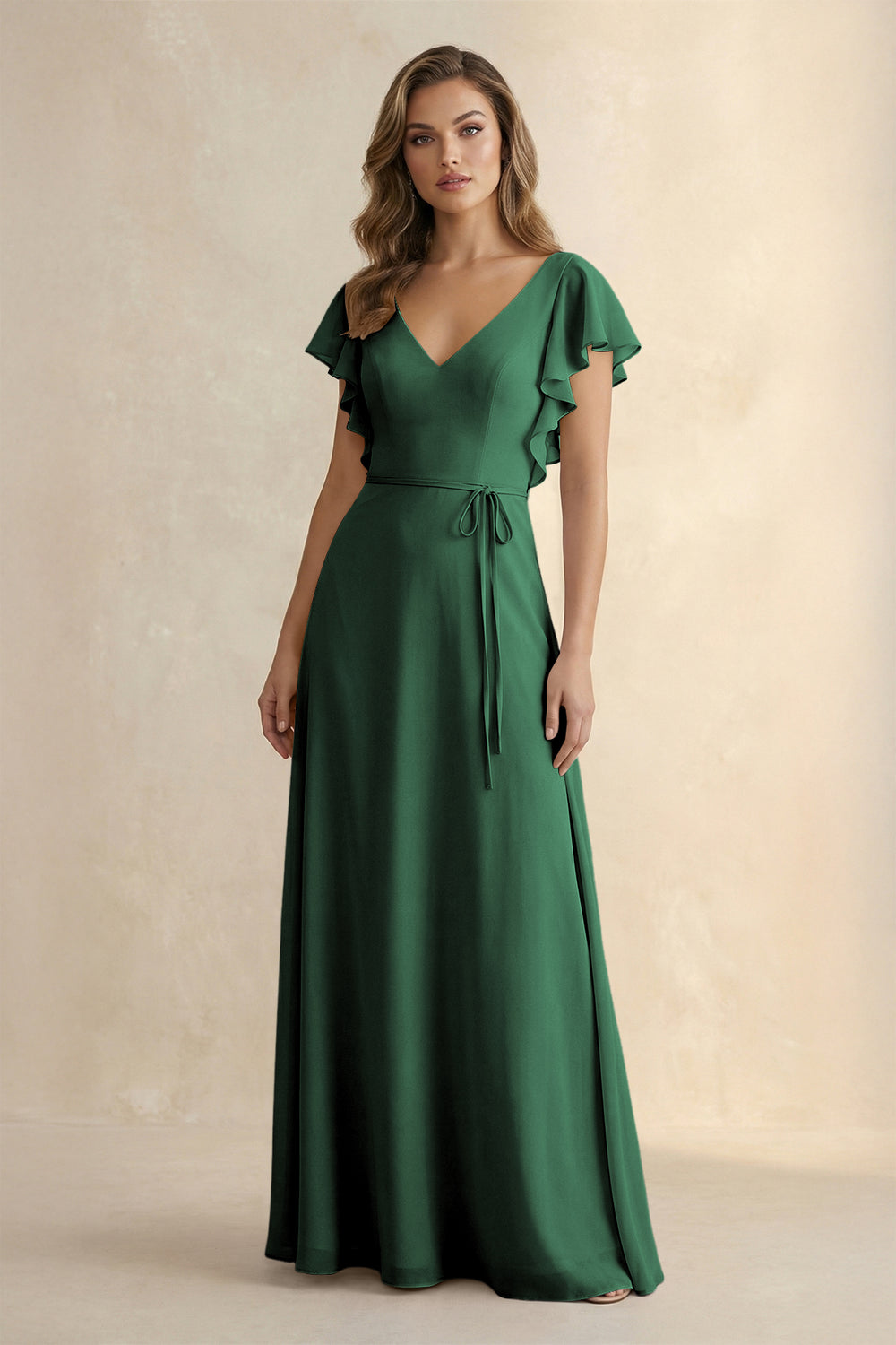 Ruffled V-Neck Chiffon A-Line Bridesmaid Dress in Dark Green