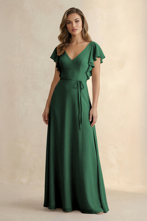 Dark Green Ruffled V-Neck Chiffon A-Line Bridesmaid Dress | KISSBRIDAL
