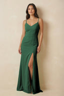 Dark Green Sheath Cami Strap Chiffon Bridesmaid Dress with Slit | KISSBRIDAL