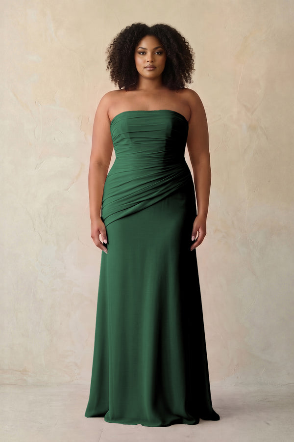Dark Green Sheath Chiffon Strapless Pleated Bridesmaid Dress (3) [sizeplus] | KISSBRIDAL
