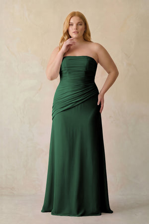 Dark Green Sheath Chiffon Strapless Pleated Bridesmaid Dress [sizeplus] | KISSBRIDAL