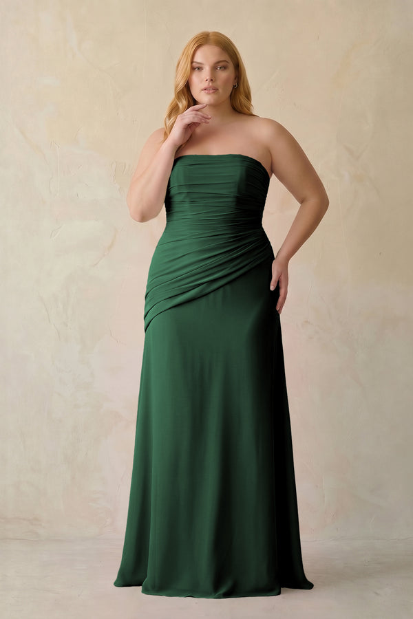 Dark Green Sheath Chiffon Strapless Pleated Bridesmaid Dress [sizeplus] | KISSBRIDAL