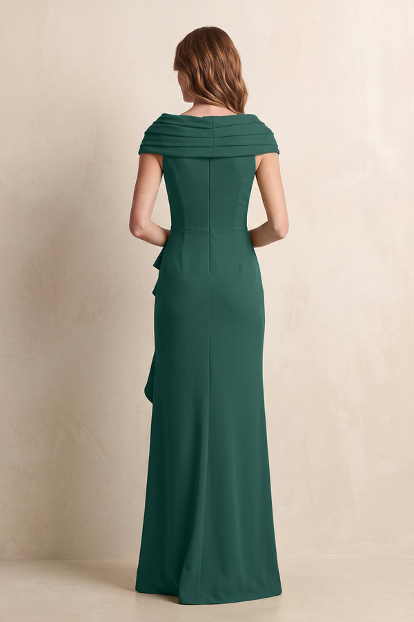 Dark Green Sheath Ruffled Matte Satin V-Neck Ruched Mother of the Bride Dress (2) | KISSBRIDAL