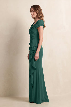 Dark Green Sheath Ruffled Matte Satin V-Neck Ruched Mother of the Bride Dress (3) | KISSBRIDAL