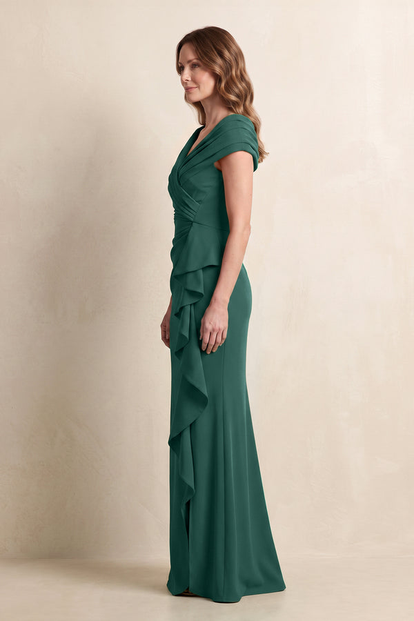 Dark Green Sheath Ruffled Matte Satin V-Neck Ruched Mother of the Bride Dress (3) | KISSBRIDAL