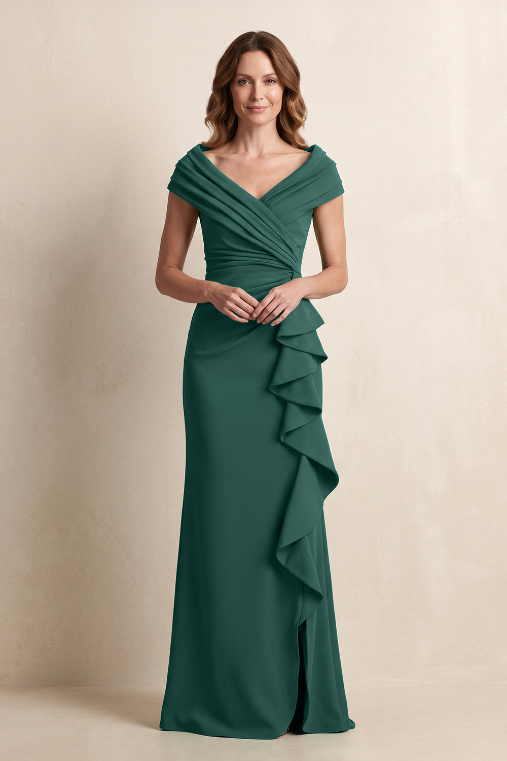 Dark Green Sheath Ruffled Matte Satin V-Neck Ruched Mother of the Bride Dress