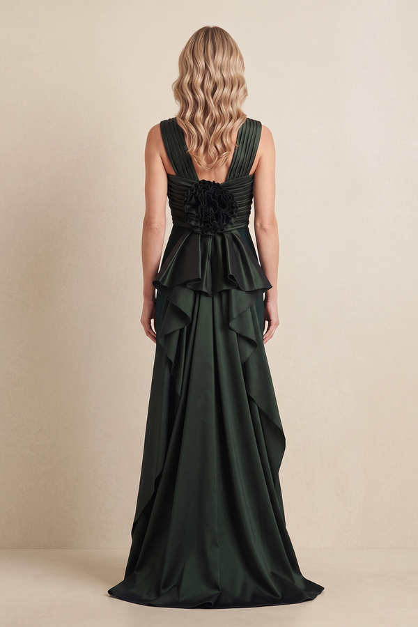 Dark Green Sheath Satin Pleated Mother of the Bride Dress (2) | KISSBRIDAL