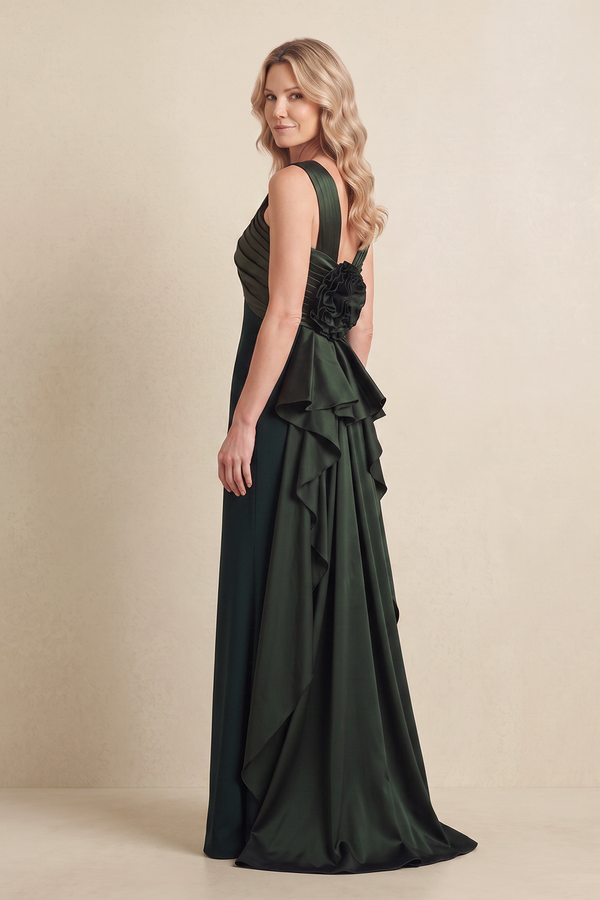 Dark Green Sheath Satin Pleated Mother of the Bride Dress (3) | KISSBRIDAL