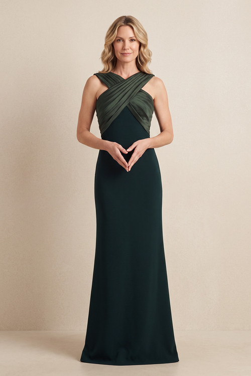 Dark Green Sheath Satin Pleated Mother of the Bride Dress | KISSBRIDAL