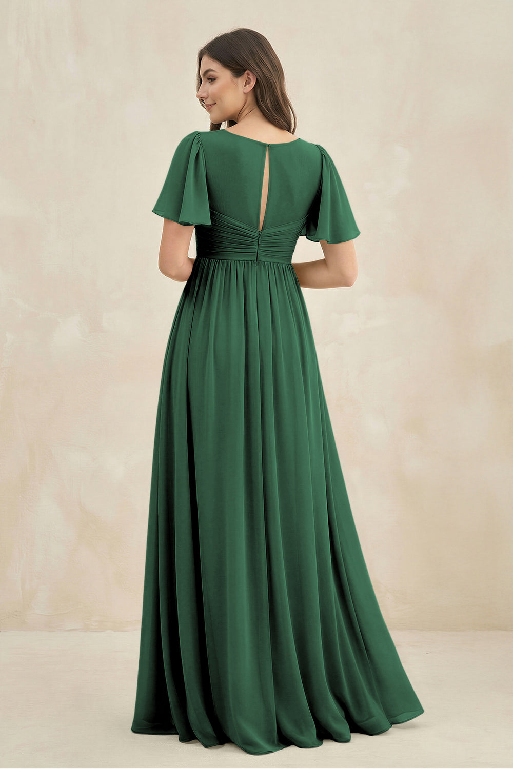 Short Sleeve Chiffon V-Neck A-Line Bridesmaid Dress in Dark Green
