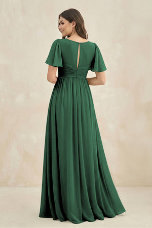 Dark Green Short Sleeve Chiffon V-Neck A-Line Bridesmaid Dress (2) | KISSBRIDAL