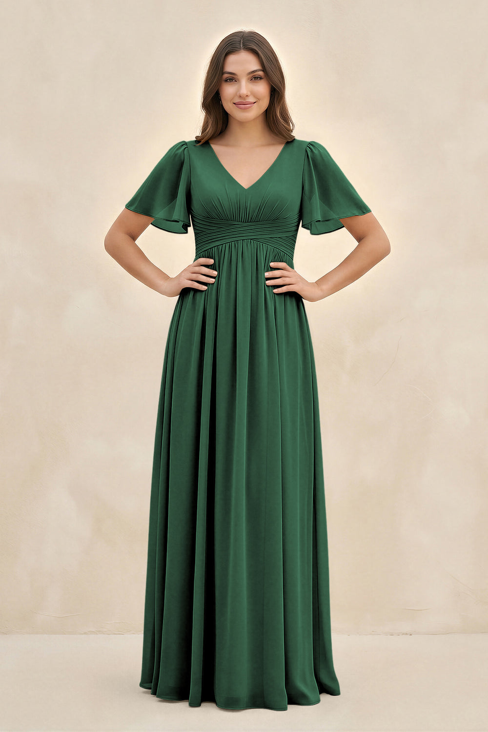 Short Sleeve Chiffon V-Neck A-Line Bridesmaid Dress in Dark Green