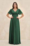 Dark Green Short Sleeve Chiffon V-Neck A-Line Bridesmaid Dress | KISSBRIDAL