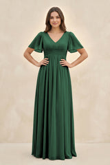Dark Green Short Sleeve Chiffon V-Neck A-Line Bridesmaid Dress | KISSBRIDAL