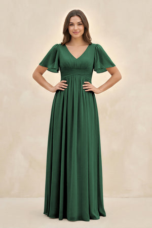 Dark Green Short Sleeve Chiffon V-Neck A-Line Bridesmaid Dress | KISSBRIDAL