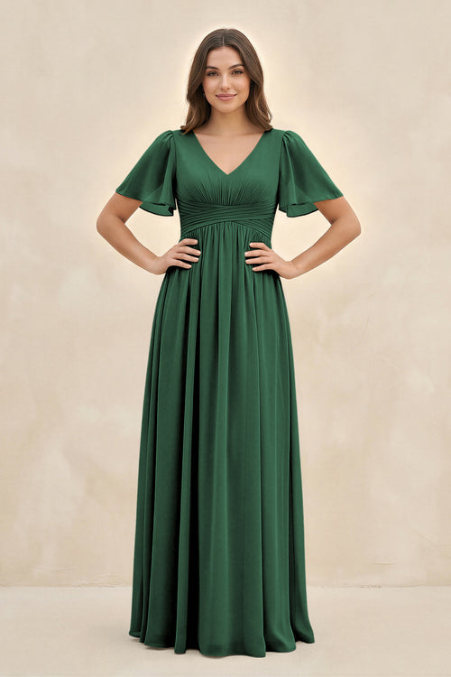 Dark Green Short Sleeve Chiffon V-Neck A-Line Bridesmaid Dress | KISSBRIDAL