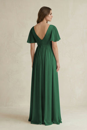 Dark Green Short Sleeve V-Neck A-Line Chiffon Bridesmaid Dress (2) | KISSBRIDAL