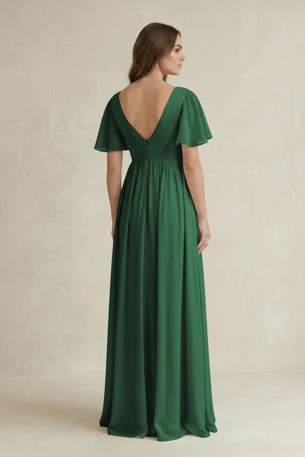 Dark Green Short Sleeve V-Neck A-Line Chiffon Bridesmaid Dress (2) | KISSBRIDAL