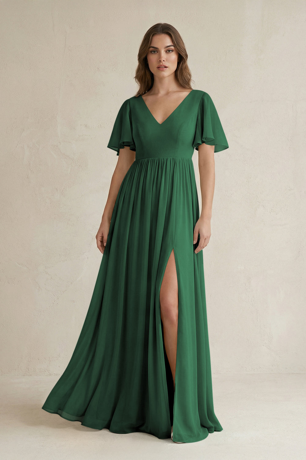 Short Sleeve V-Neck A-Line Chiffon Bridesmaid Dress in Dark Green