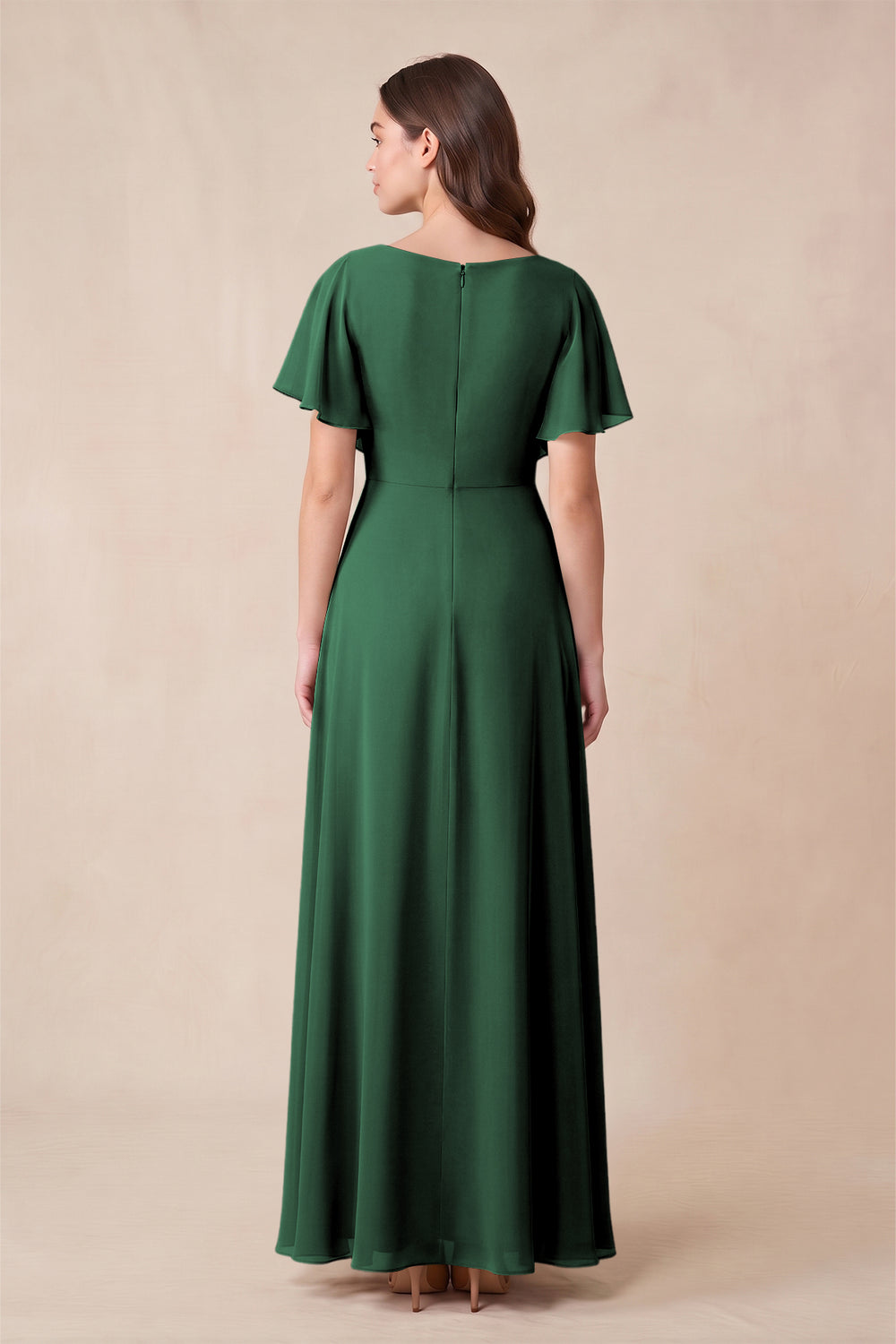 Short Sleeves Bateau A-Line Chiffon Bridesmaid Dress in Dark Green