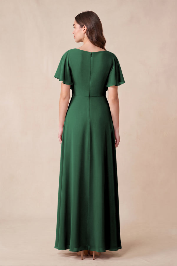 Dark Green Short Sleeves Bateau A-Line Chiffon Bridesmaid Dress (2) | KISSBRIDAL