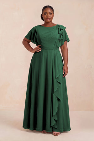 Dark Green Short Sleeves Bateau A-Line Chiffon Bridesmaid Dress (3) [sizeplus] | KISSBRIDAL