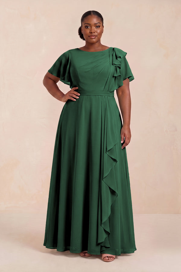 Dark Green Short Sleeves Bateau A-Line Chiffon Bridesmaid Dress (3) [sizeplus] | KISSBRIDAL