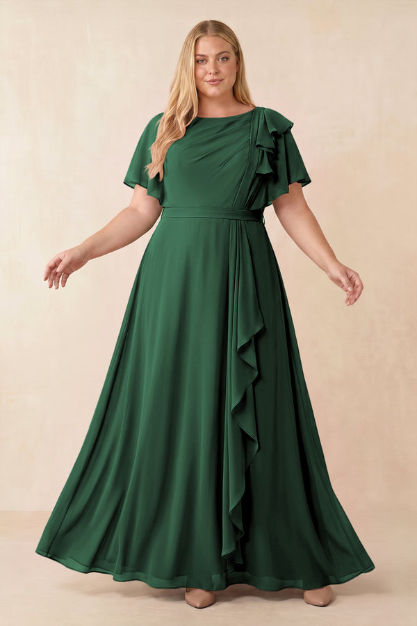 Dark Green Short Sleeves Bateau A-Line Chiffon Bridesmaid Dress [sizeplus] | KISSBRIDAL