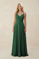 Dark Green Spaghetti Strap A-Line Chiffon Bridesmaid Dress | KISSBRIDAL