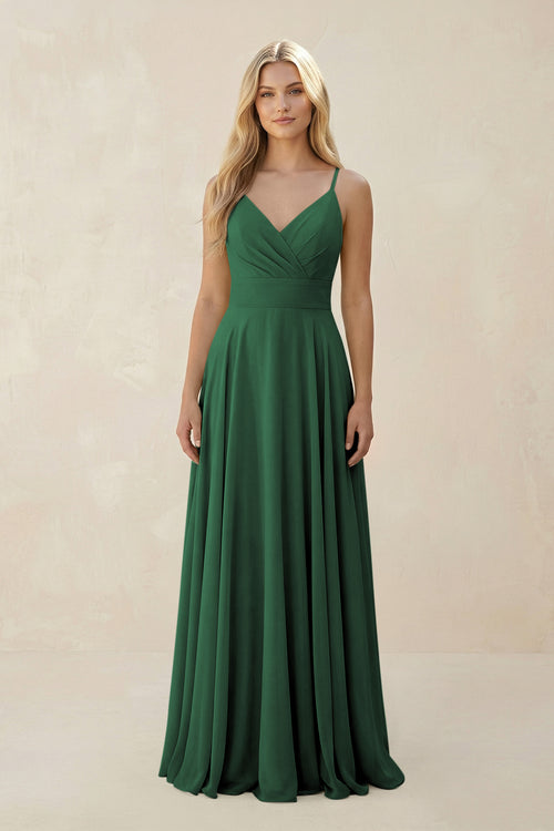 Dark Green Spaghetti Strap A-Line Chiffon Bridesmaid Dress | KISSBRIDAL