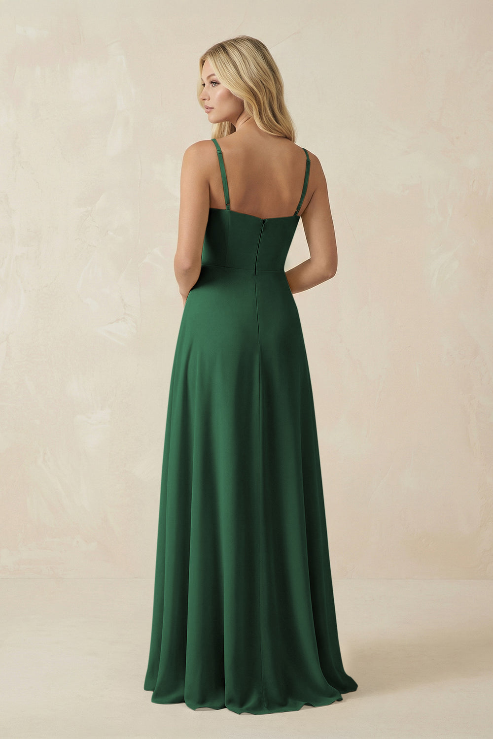 Spaghetti Strap Chiffon A-Line Bridesmaid Dress in Dark Green