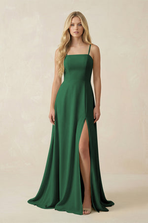 Dark Green Spaghetti Strap Chiffon A-Line Bridesmaid Dress | KISSBRIDAL