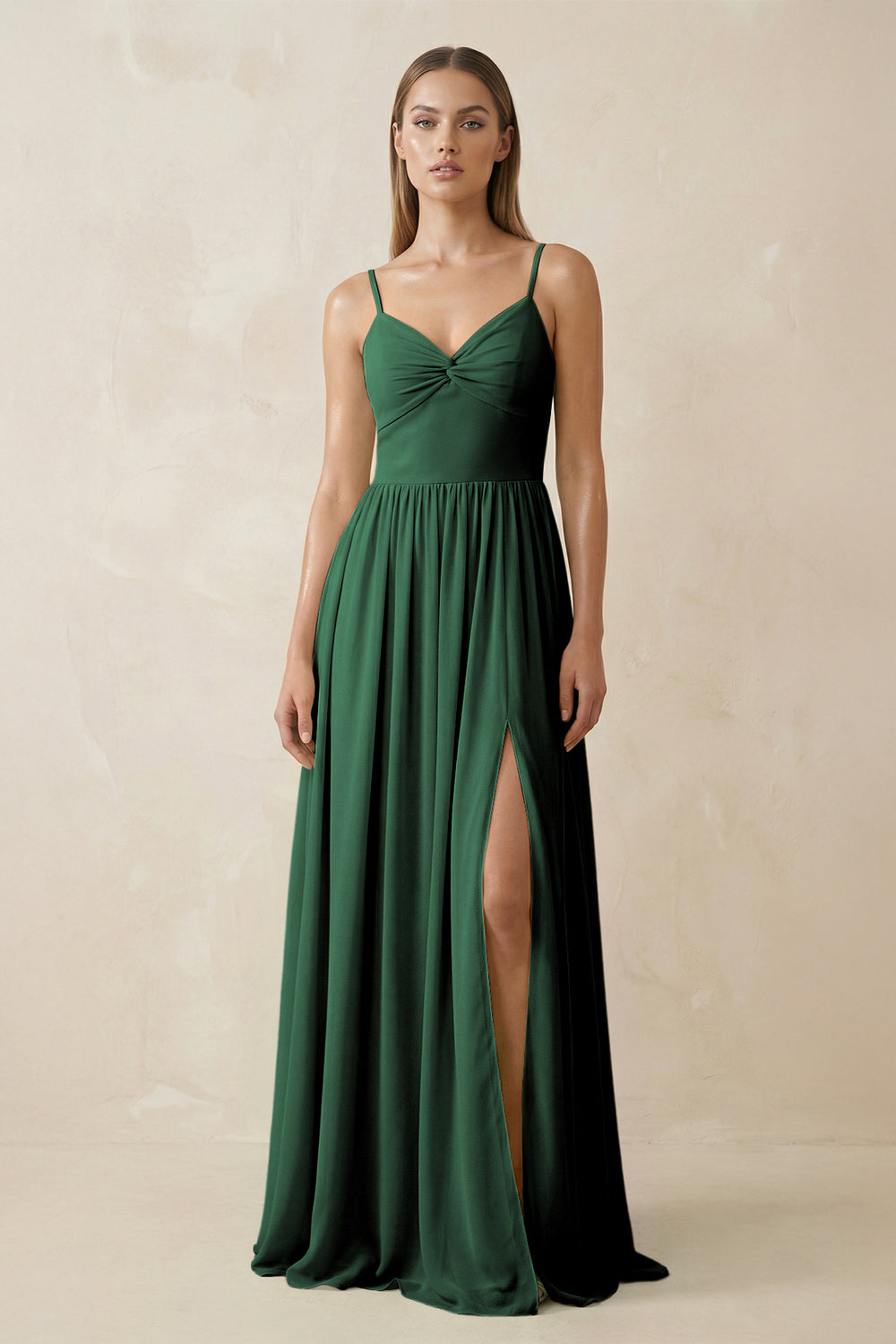 Spaghetti Strap Pleated A-Line Chiffon Bridesmaid Dress in Dark Green